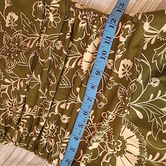 Vintage Y2K Slinky Floral Halter Dress Olive Green Light Cream Ruched Waist Sz M - Picture 12 of 13